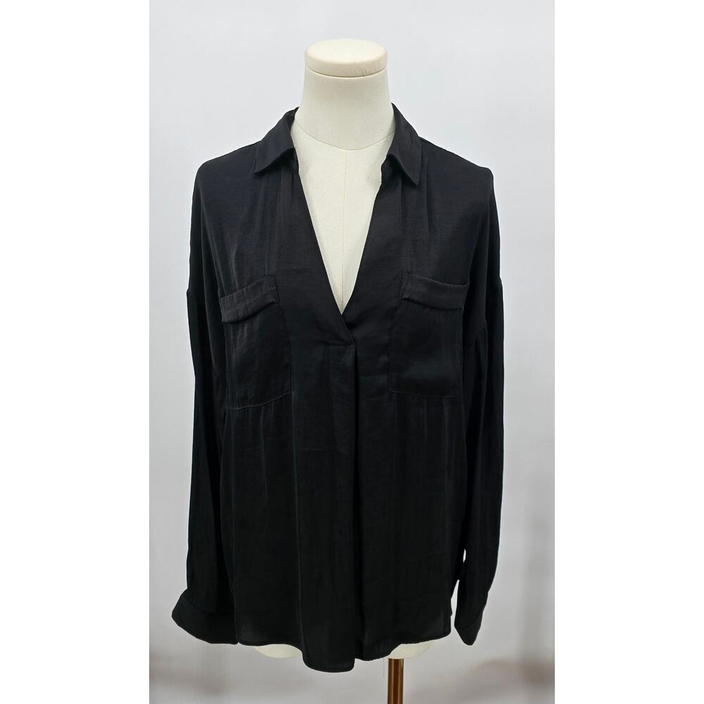 Naked Zebra Black Deep VNeck Blouse with Front Flap Pockets